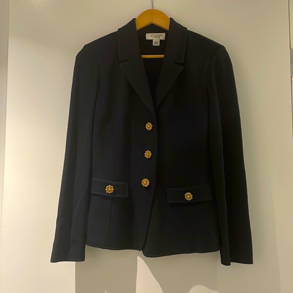Beautiful black classic St. John jacket with gold and black embellished buttons!